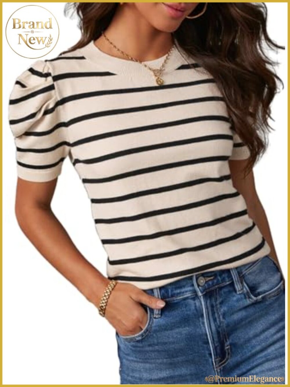 Striped Lightweight Knit Pullover Sweater Short Puff Sleeve Crew Neck